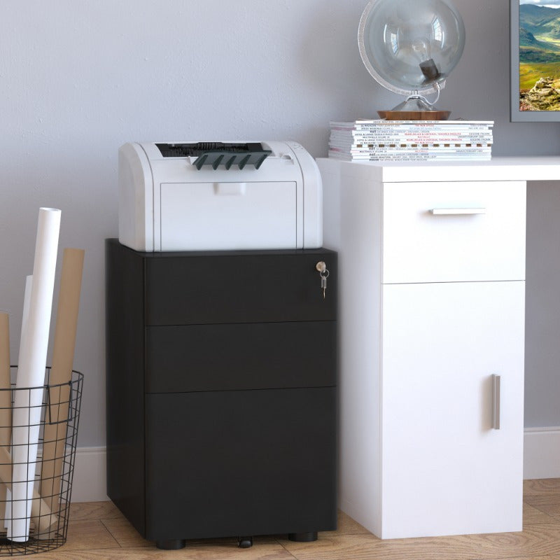 Mobiele Ladekast – Ladekast Op Wieltjes – Kantoor Opslagkast – Opberglade – Ladeblok – Zwart – Compact 39x48x59 cm – Duurzaam Stalen Materiaal