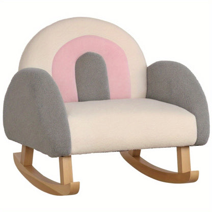 Cute Modern Rocking Chair with Plush Sheepskin-like Cushion - Soft Pastel  & Grey Rocking glider, Easy Assembly, Sturdy Eucalyptus Wood Base, Compact /Adult Rocking Chair for Living Room, Room Decor - Space-Saving Design, Lou