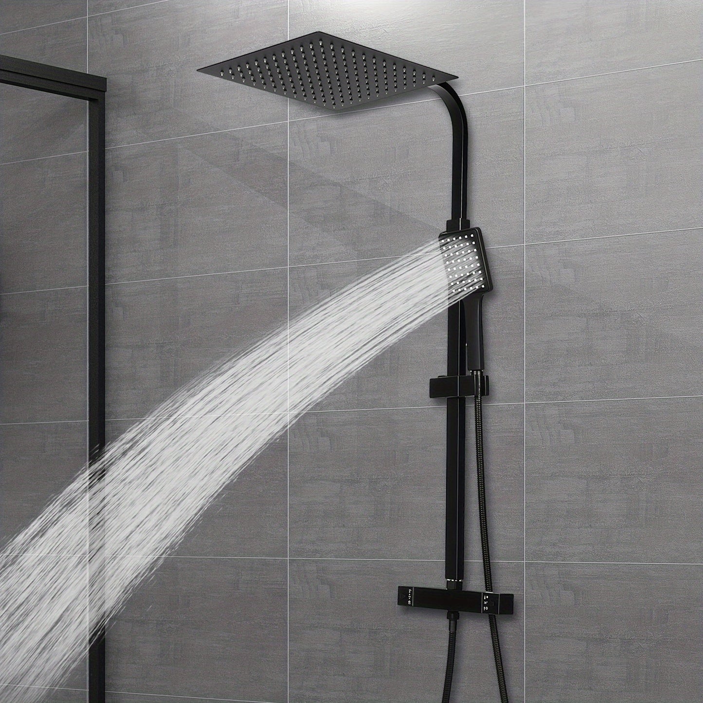Zwarte Douche Set – Regendouche – Handdouche – Doucheset – Thermostaatkraan – Vierkant – 30x30 cm – Verstelbare Douchestang – Veiligheidsstop 38°C