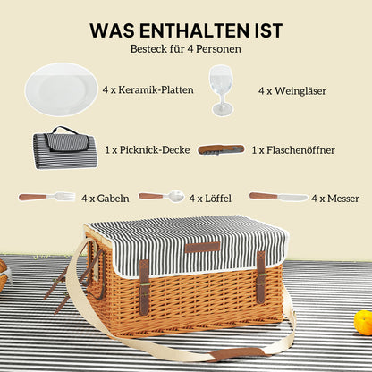 Vlechtwerk Picknickmand – Picknickmand Set – Picknicktas – Picknickkoffer – Picknickbak – Voor 4 Personen – Lichtgewicht Natuurlijke Materialen – Inclusief Picknickdeken & Flesopener