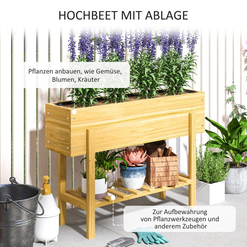 Verhoogde Plantenbak – Bloembak – Tuinbak – Plantenbak Met Opbergruimte – Balkonbak – Natuurlijk Hout – Extra Opbergrek – Waterafvoer Gaten – Duurzaam Vurenhout 100x30x70 cm