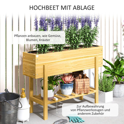 Verhoogde Plantenbak – Bloembak – Tuinbak – Plantenbak Met Opbergruimte – Balkonbak – Natuurlijk Hout – Extra Opbergrek – Waterafvoer Gaten – Duurzaam Vurenhout 100x30x70 cm