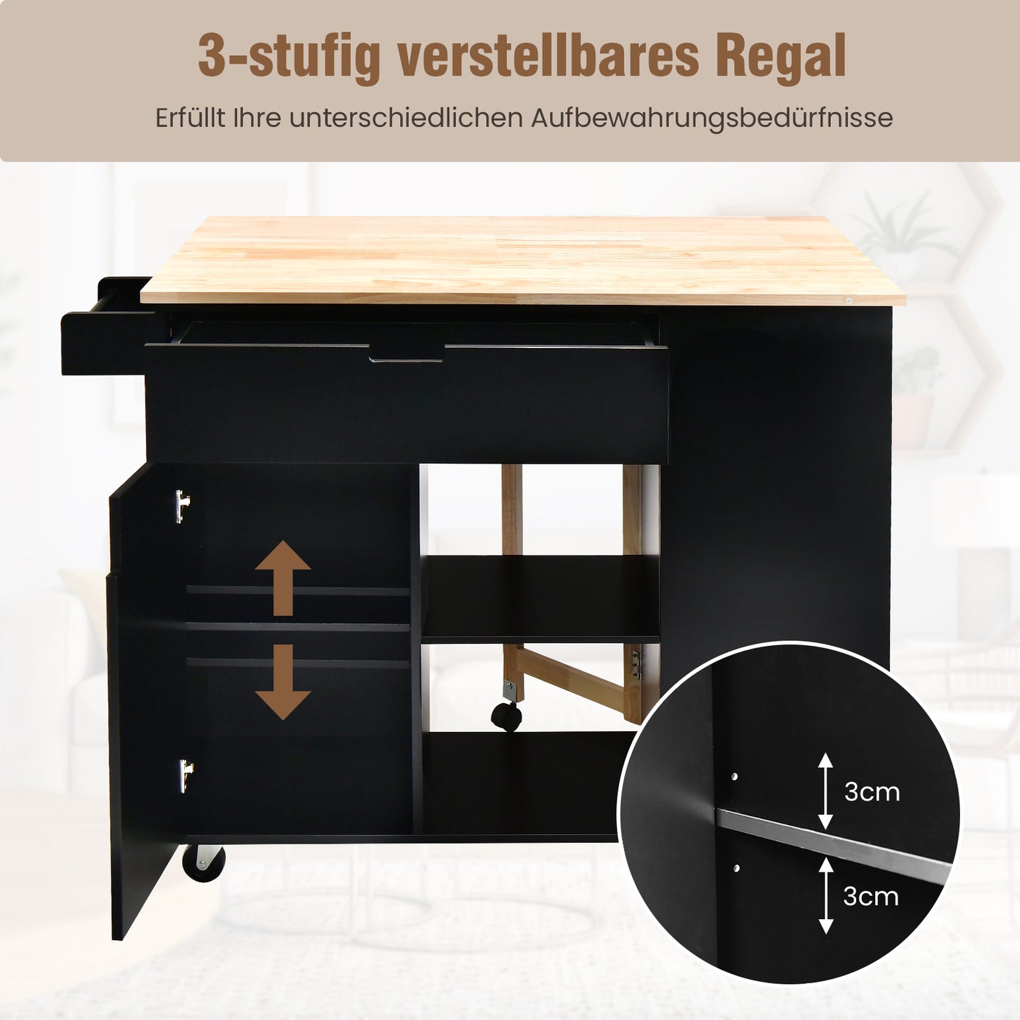 Keukentrolley – Keukenwagen – Serveerwagen – Keukenkar – Keukenmeubel – Uitklapbaar Werkblad – Zwart Hout