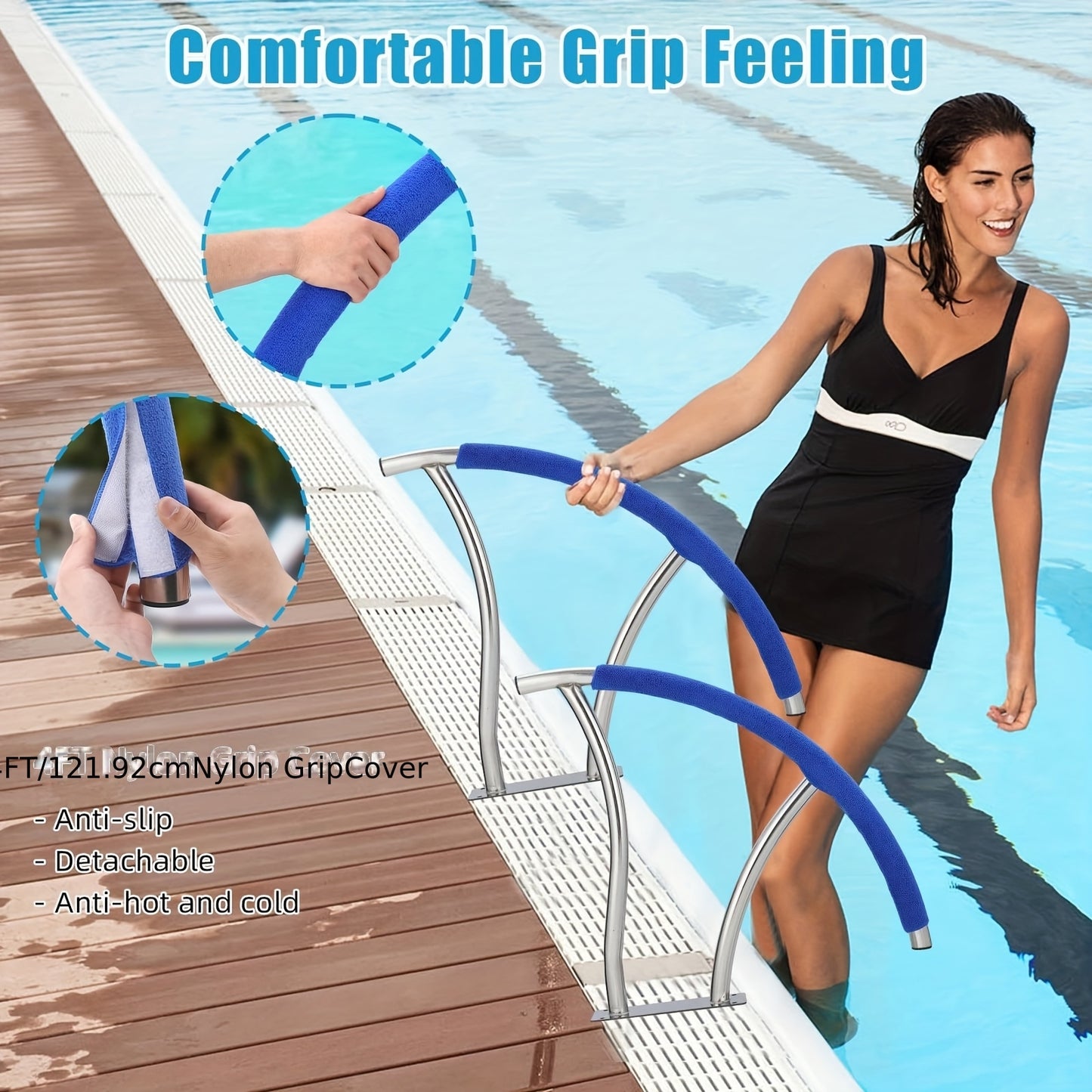 Zwembad handgrepen – zwembadleuningen – poolleuningen – zwembadsteunen – zwembadbeugels – 2-delig set – 304 roestvrij staal – antislip blauwe hoes – 76,2 x 76,2 cm – roestvrij en zwaar belastbaar