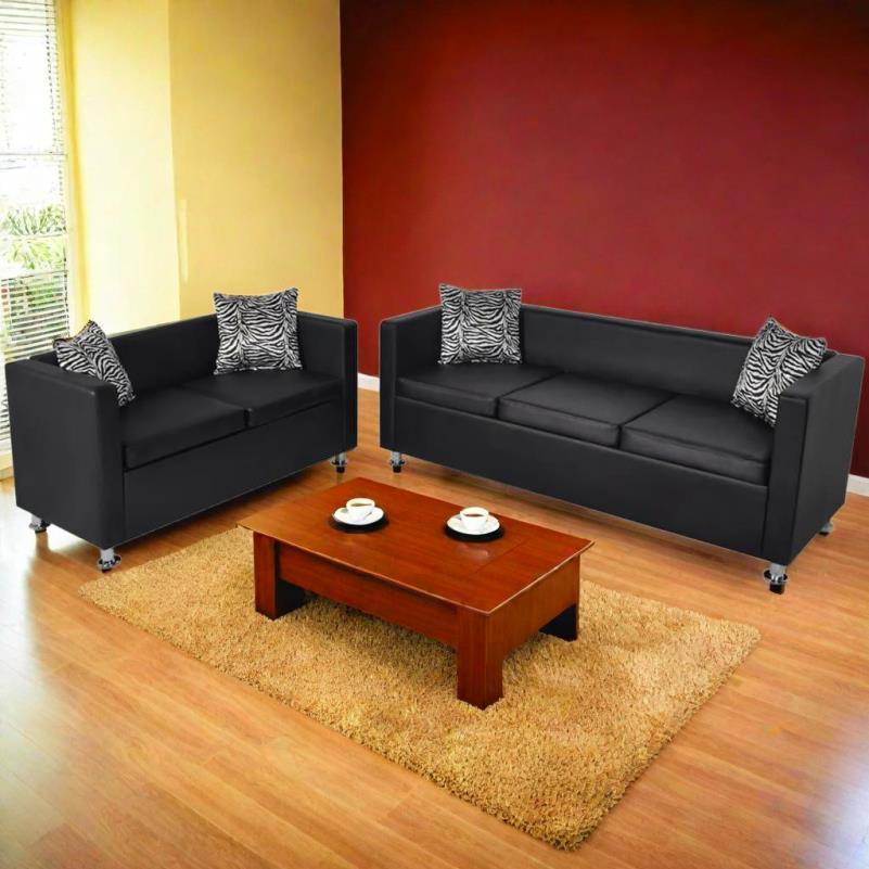 Zwarte Sofa Set – Bankstel – 3-Zits Bank – 2-Zits Bank – Kunstleren Bank – Modern Design – Comfortabele Schuimvulling – Onderhoudsvriendelijk