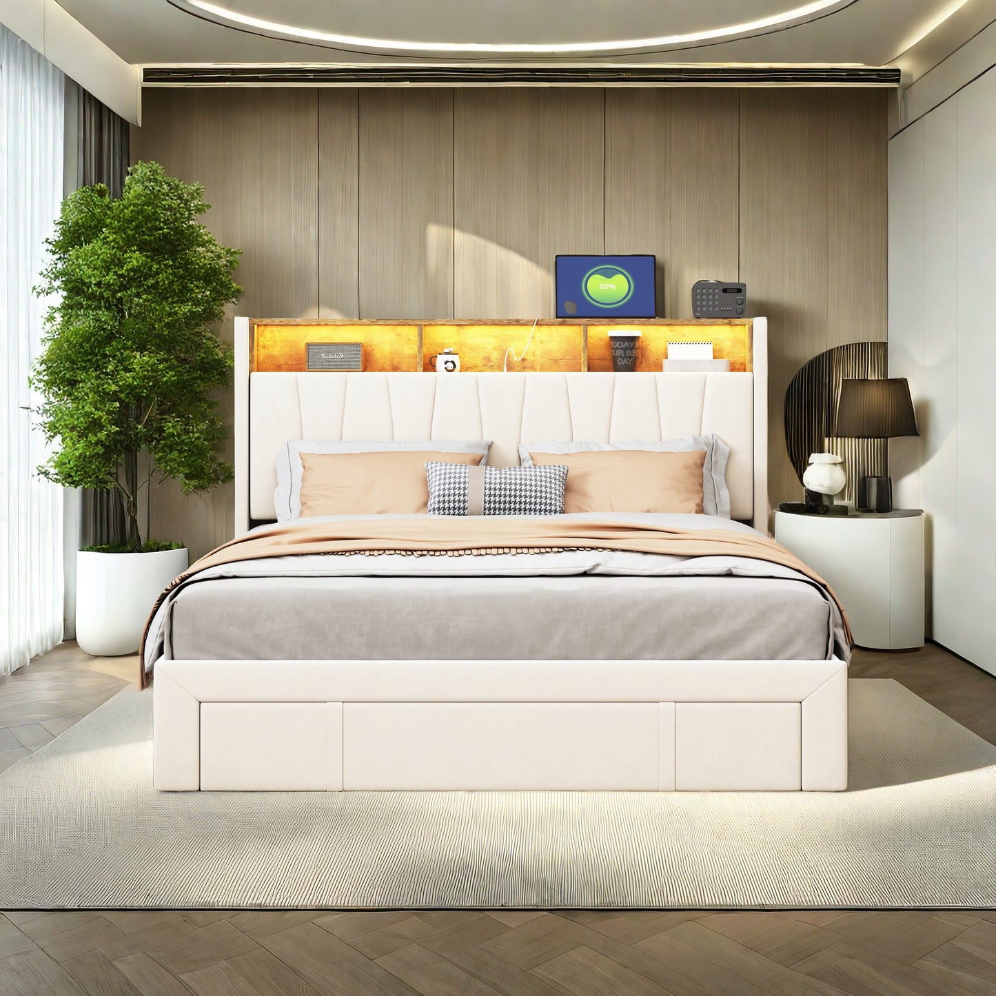 Fluwelen Bed 160x200 – Tweepersoonsbed – Slaapbank – Opbergbed – Led Bed – Met 4 Metalen Lades – Ingebouwde Usb Poorten – Verstelbaar Hoofdeinde