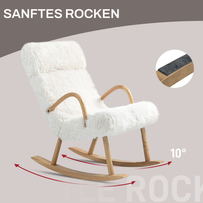 Schommelstoel – Relaxstoel – Rocking Chair – Lounge Stoel – Schommelstoel Wit – Zachte Fleece Bekleding – Stevig Houten Frame – Verstelbare Hoofdsteun – Max 120 kg
