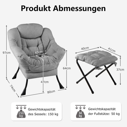 Loungestoel – Fauteuil – Relaxstoel – Accentstoel – Sherpa Stoel – Inklapbare Voetenbank – Zachte Sherpa Bekleding – Zijvak Voor Opslag