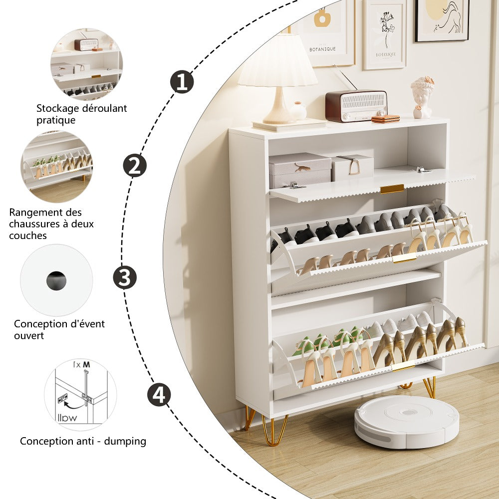 Schoenenkast – Schoenenrek – Schoenendisplay – Schoenendressoir – Schoenopbergmeubel – Wit met Gouden Accenten – Compact 80x24x118,5 cm – 3 Verdiepingen met Inklapbare Lades