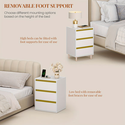 Bedside Table, Set Of 2, Side Table, 3 Drawers, Bedside Cabinet With 4 Removable Footrests, Bedside Table In The Bedroom, Sofa Table, For Bedroom, Living Room, White
