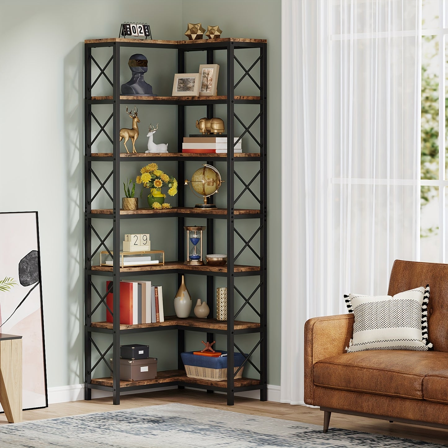 Boekenrek – Boekenkast – Hoekboekenplank – Opbergkast – Vakkenkast – 7-laags – Industrieel design – Metaal & Hout – 60x60x201 cm – 11,34 kg draagvermogen per plank