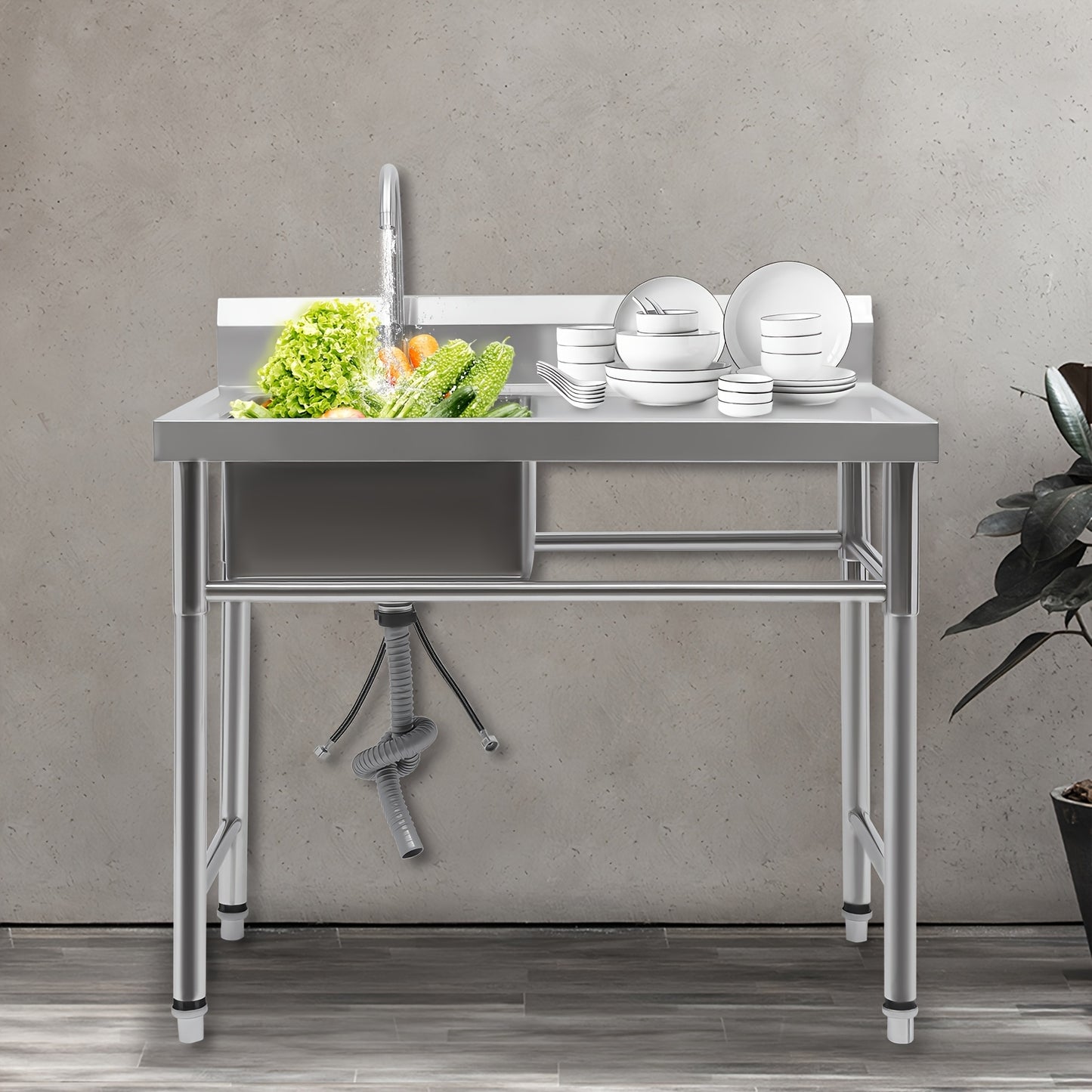 Commercial-Grade Stainless Steel Sink with Left Slot & Right Platform - 39"x24"x37" (100x60x93cm) Heavy-Duty 201 Stainless Steel, 199.58KG Capacity, Center Drain, Polished Finish, Easy Install for Restaurants, Cafes, Home Kit