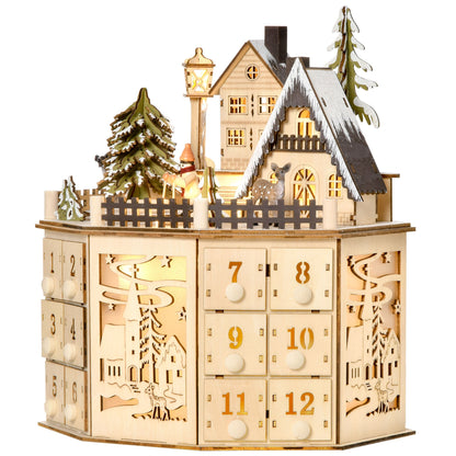 Adventskalender – Aftelkalender – Kerstkalender – Cadeaukalender – Sfeerkalender – 24 Laden – Natuurlijke Houten Afwerking met LED-Verlichting Zonder Stroomkabel