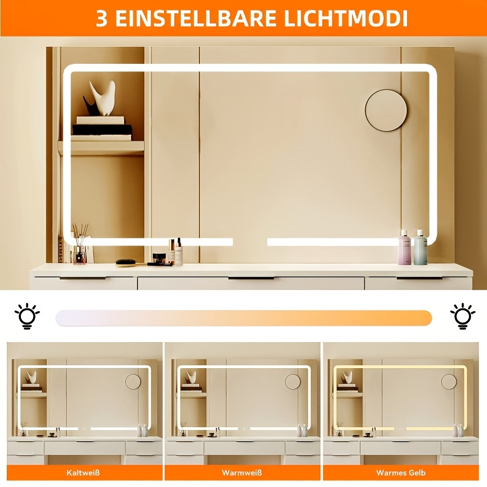 Kaptafel – Make-up Tafel – Toonbank – Dressoir – Schoonheidstafel – Wit – 11 Lades – Verstelbare LED Spiegel – Glazen Tafelblad – Inclusief Krukje