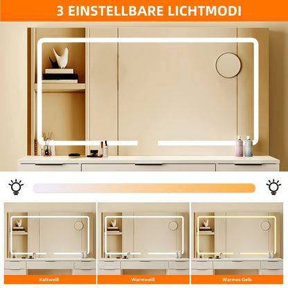 Kaptafel – Make-up Tafel – Toonbank – Dressoir – Schoonheidstafel – Wit – 11 Lades – Verstelbare LED Spiegel – Glazen Tafelblad – Inclusief Krukje