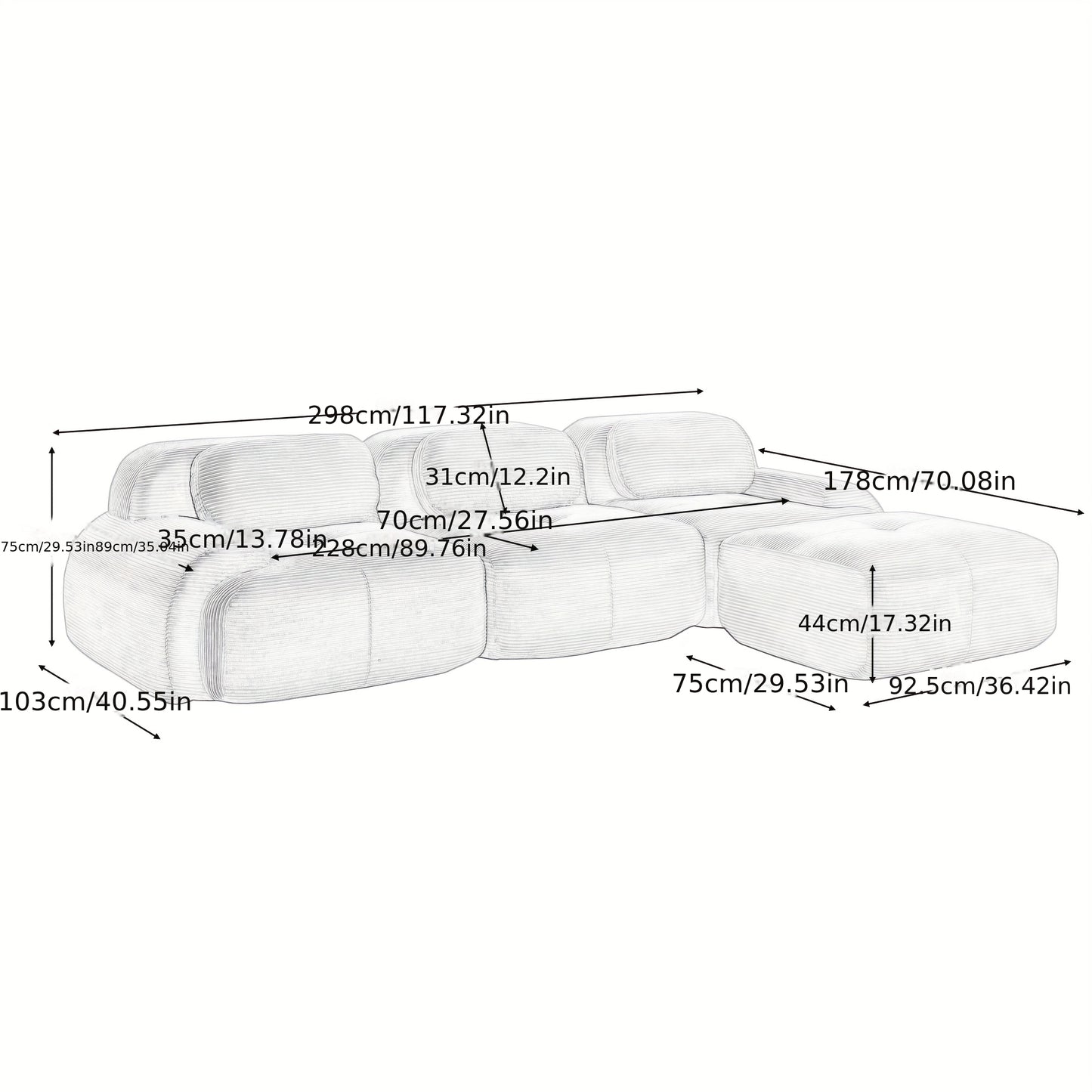 A Corner Sofa That Is Modular And Does Not Need to Be Assembled, Designed for Comfort And Pets, Crafted from Corduroy with Wide Armrests, Featuring 32D High-Stretch Material, Ideal for Both Living Rooms And Bedrooms, in a Bei