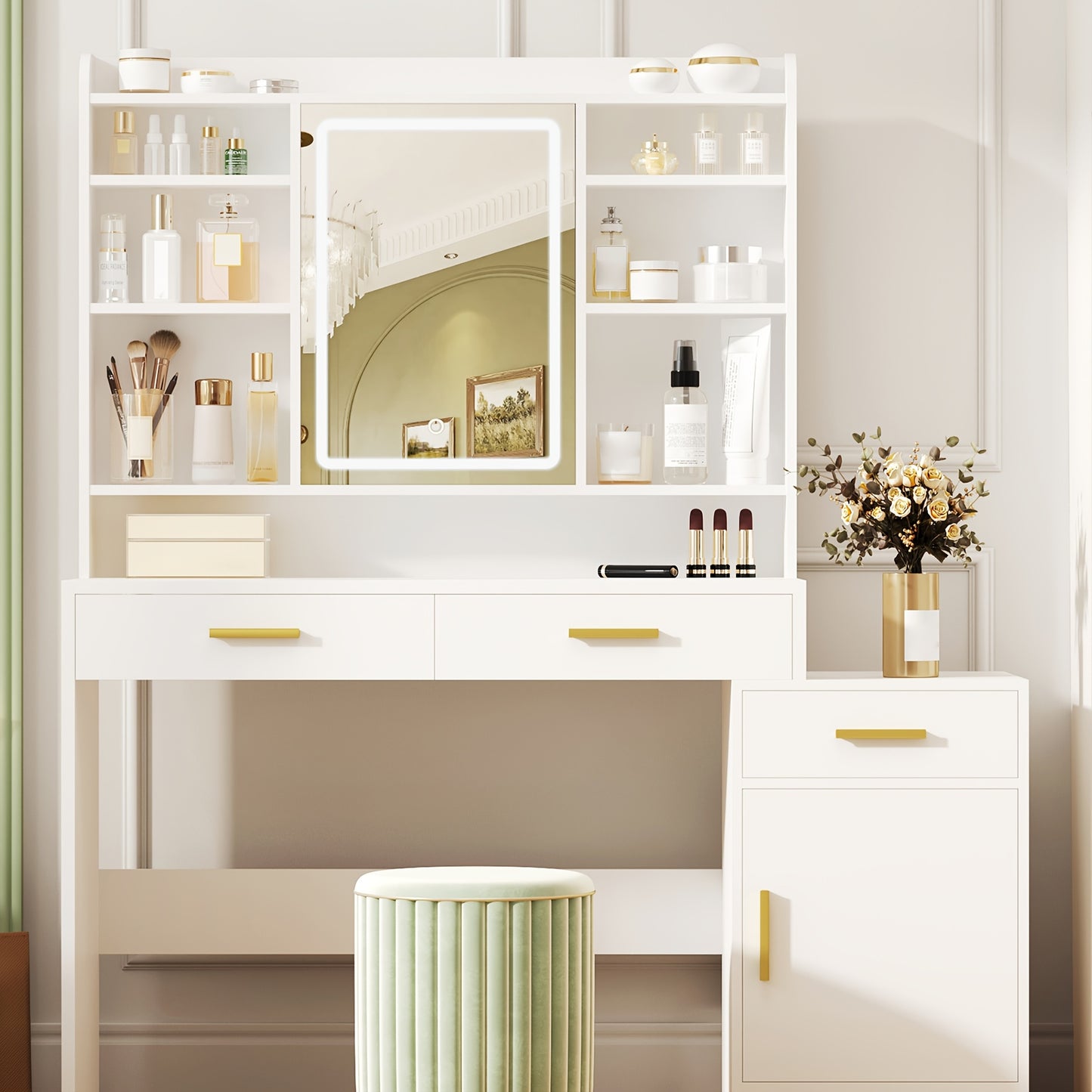 Dressing Table, Large Tabletop with Mirror, 3 Drawers And 1 Cabinet, Open Multi-tiered Shelves, for Bedroom, Wardrobe, 40 X 130 X 149cm, White