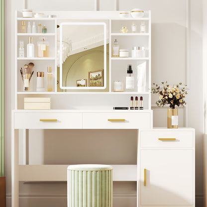 Dressing Table, Large Tabletop with Mirror, 3 Drawers And 1 Cabinet, Open Multi-tiered Shelves, for Bedroom, Wardrobe, 40 X 130 X 149cm, White