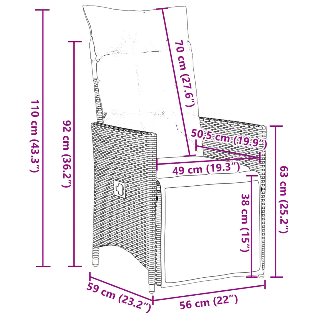 Tuinstoel – Verstelbare Tuinstoel – Balkonstoel – Loungestoel – Poly Rattan – Verstelbare Rugleuning – Afneembare Wasbare Kussens