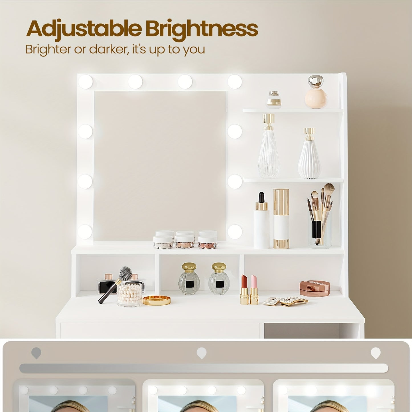 Kaptafel – Make-uptafel – Visagietafel – Schminktisch – Toilletset – Met Spiegel – 10 LED Lampjes – Verstelbare Lichtsterkte – 3 Open Planken – Inclusief Grote Lade en Kast