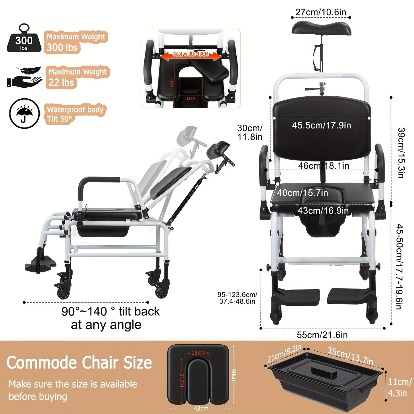 Reclining Shower Chair With Wheels, Mobile Shower Chair With Thickened Soft Seat Cushion, Backrest And Flip-up Armrests, Extra-wide Seat, 90°-140° Adjustable Tilt Bedside Commode Chair, Suitable For The Elderly And Disabled