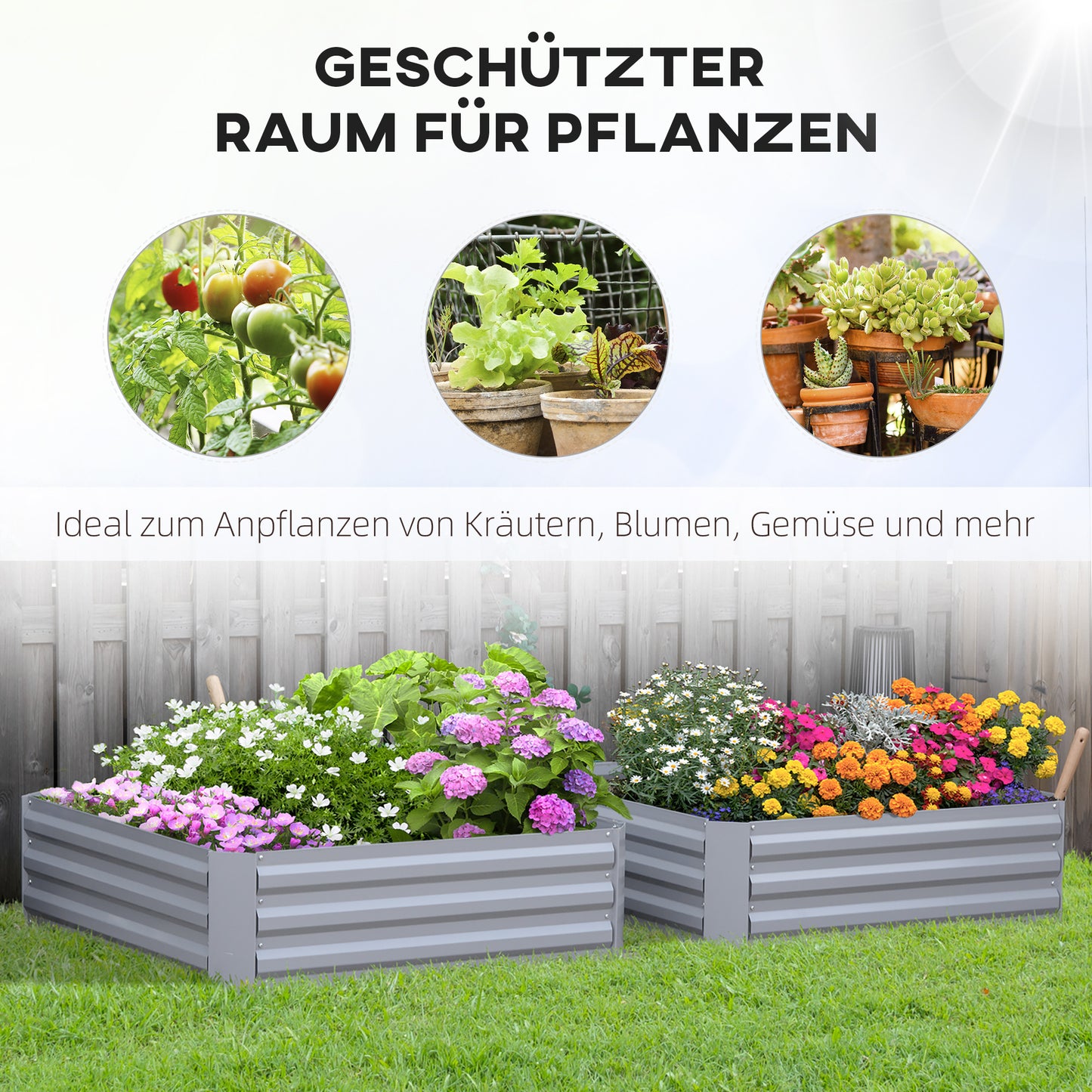 Bloembak – Plantenbak – Tuinbak – Bloembakset – Kruidenbak – Grijs – Set van 2 – Stalen Frame – Open Bodem – 100x100x30 cm
