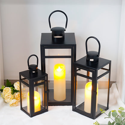 Lantaarn – Tuinlantaarn – Windlicht – Sfeerlamp – Outdoor Lamp – Set Van 3 – Zwart Metalen Design – Gehard Glas – 48/38/30 cm Hoog