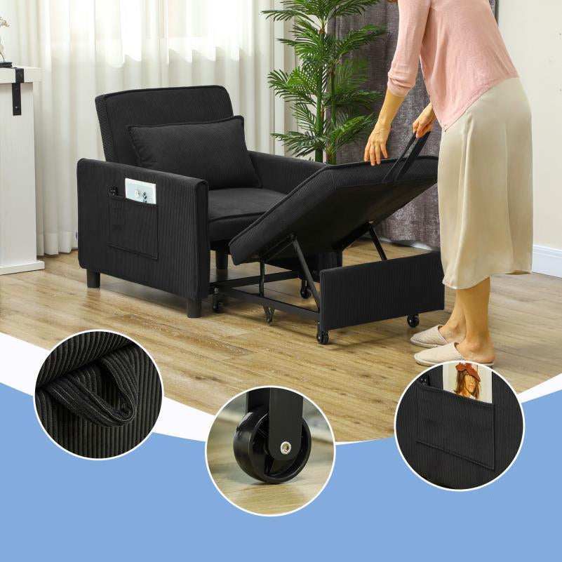 Relaxfauteuil – Relaxstoel – Loungestoel – Ligstoel – Bedstoel – 3-in-1 Verstelbaar – Opvouwbaar Met Zijvak – Zwart