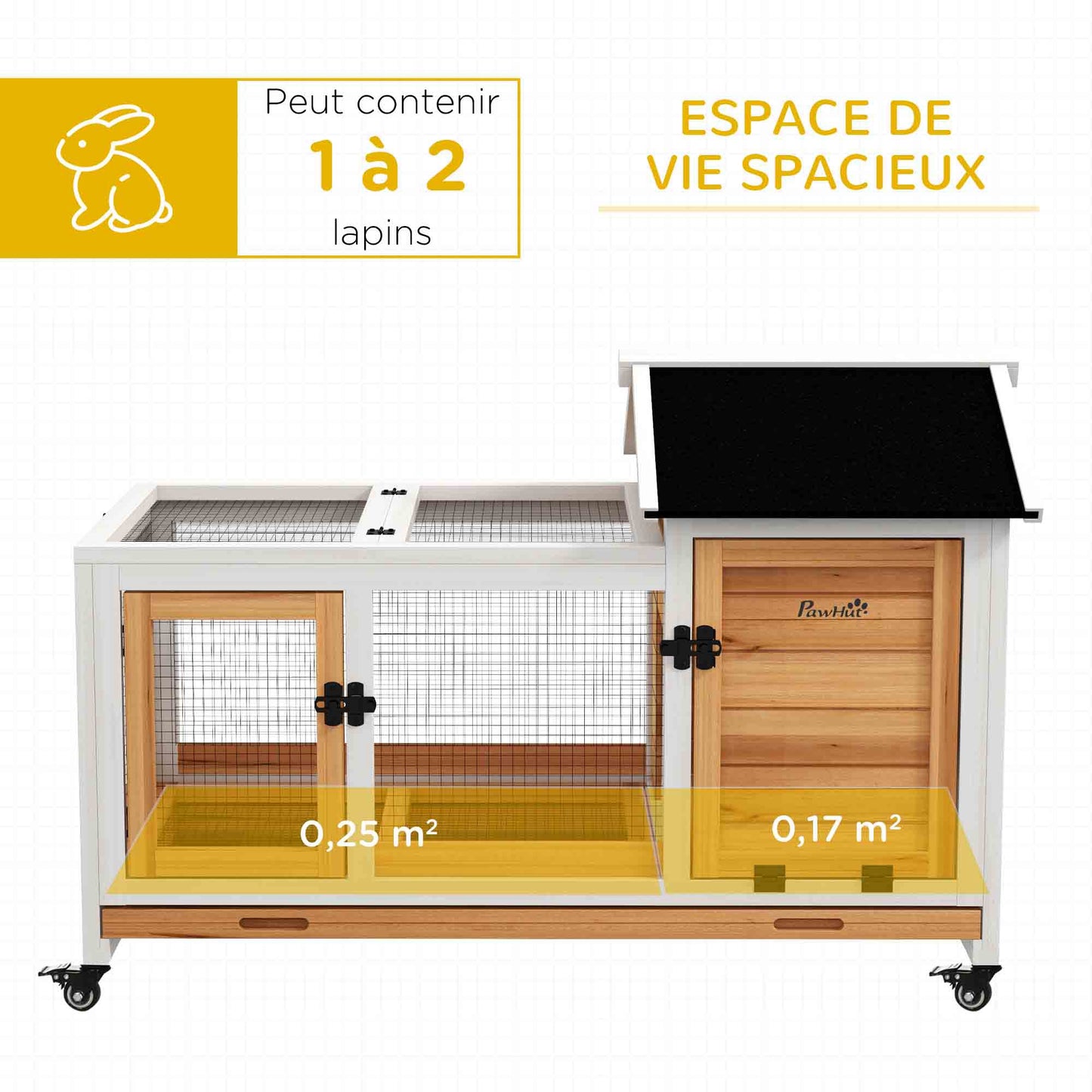 Konijnenren – Houten Ren – Konijnenkooi – Buitenren – Dierenhok – Geel – Met Wieltjes – Twee Afsluitbare Deuren – Uitneembare Zinklade – 108x58x73,5 cm