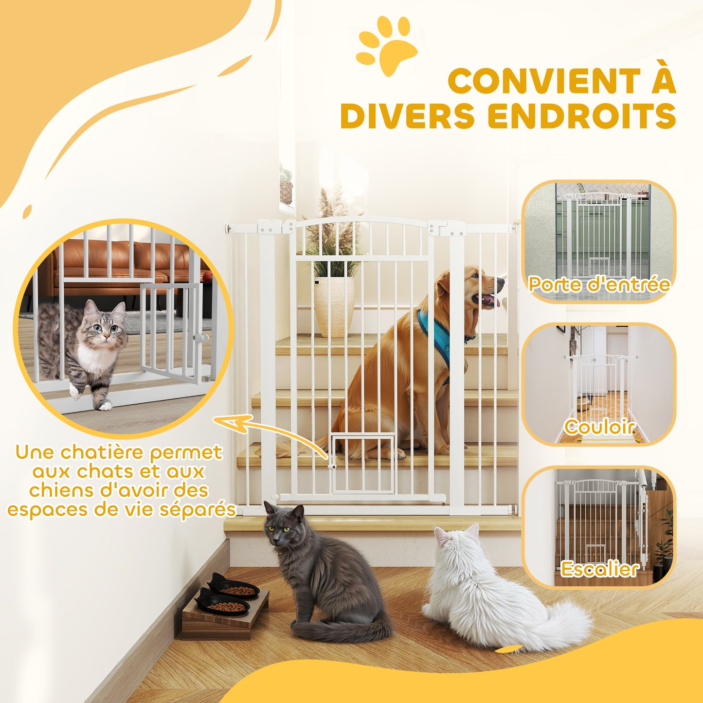Hondhekje – Huisdiervoorheining – Traphekje – Afsluithek – Dierenhek – Verstelbaar 76-104 cm – Dubbel Veilig Slot – Met Kattenklep – Wit – Stalen Behuizing