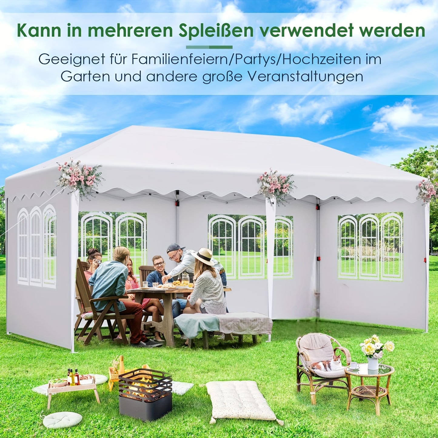 3x6 Folding Gazebo, Stable Canopy with 6 Side Panels, 420D Oxford Cloth Party Tent for Market & Wedding Camping - Height Adjustable Garden Pavilion w/ UV Protection 50+