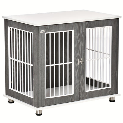 Hondenbench – Hondenkooi – Dog crate – Dierenbench – Huisdierbench – Medium – Stalen Constructie – Multifunctionele Bijzettafel Met Kussen – Modern Grijs-Wit – Ruim & Toegankelijk