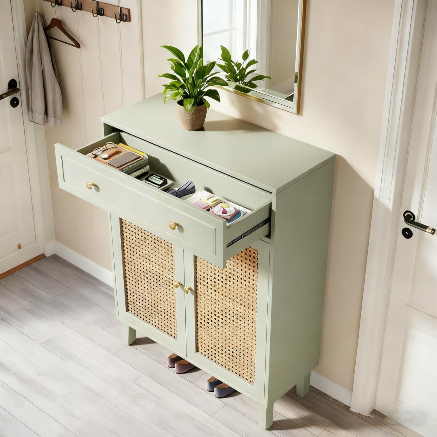 Opbergkast – Opbergmeubel – Kast – Schoenenkast – Dressoir – Mintgroen – Rattan Deuren – Verstelbare Planken – Lade – MDF Hout – Vloerstaand – Modern Design