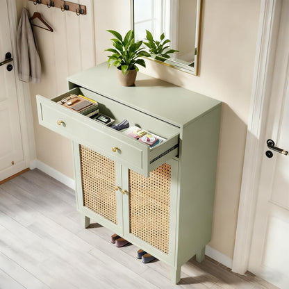 Opbergkast – Opbergmeubel – Kast – Schoenenkast – Dressoir – Mintgroen – Rattan Deuren – Verstelbare Planken – Lade – MDF Hout – Vloerstaand – Modern Design