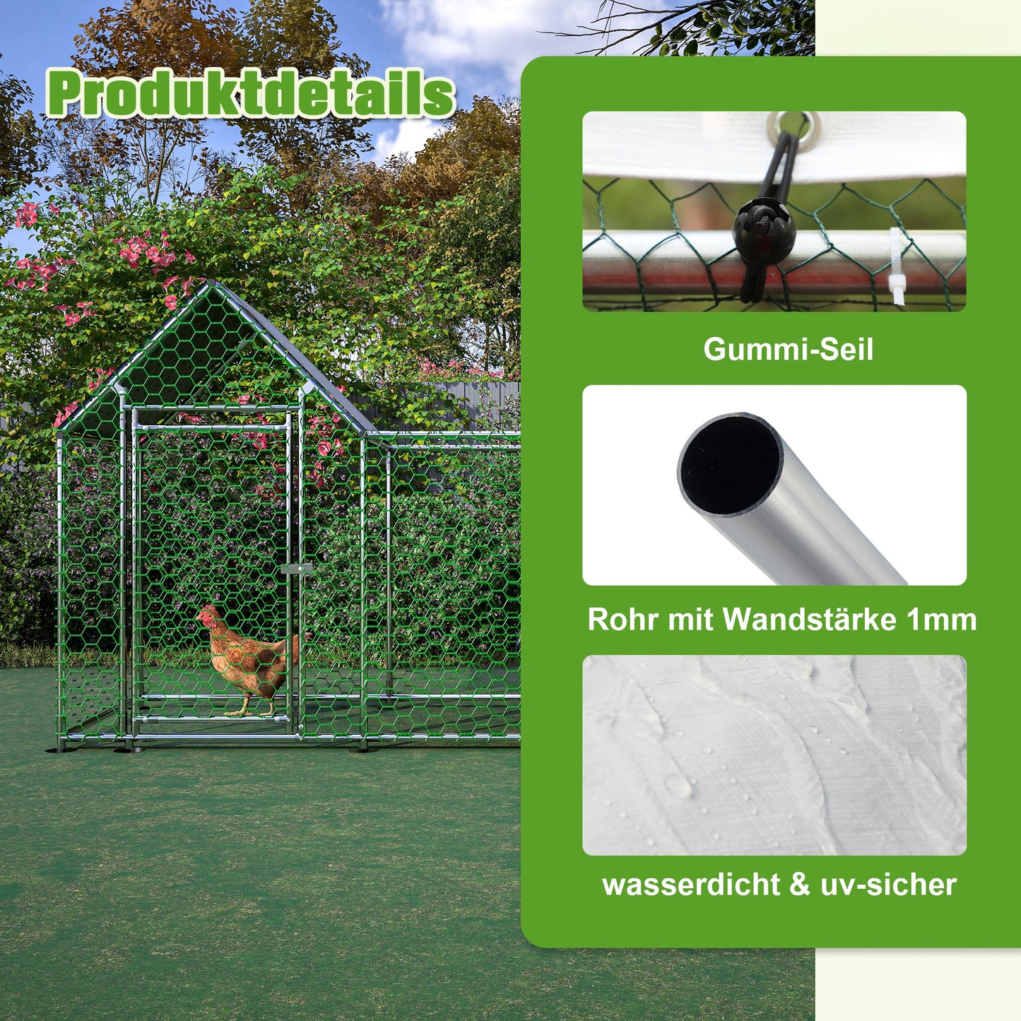 Buitenren kippenren – kippenhok – dierenren – konijnenren – 3x1x1,5 meter – gegalvaniseerd staal – waterdicht PE-zeildoek – slot veiligheid