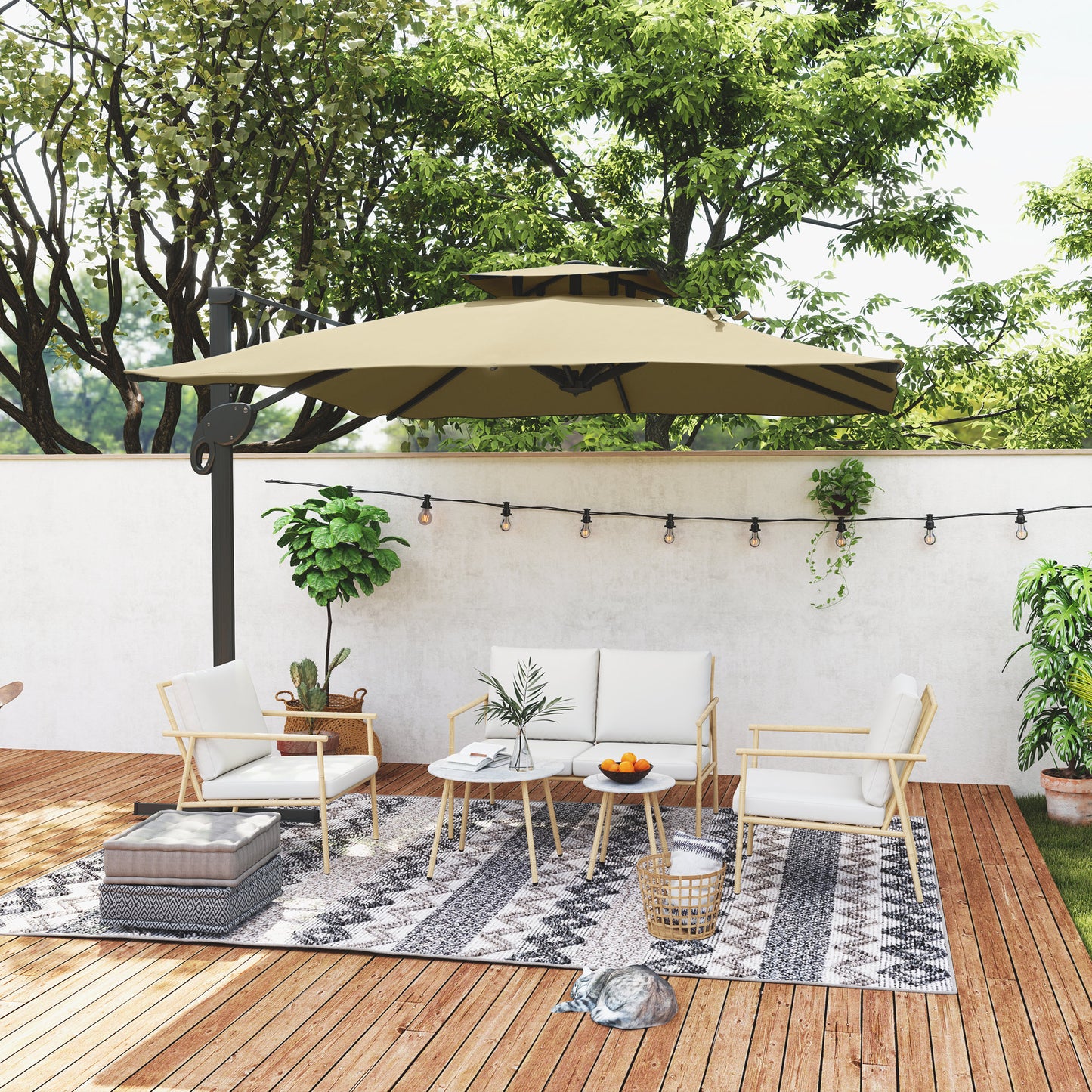 Tuinset – Tuinmeubelset – Loungeset – Balkonset – 5-delige Tuinmeubelset – Crèmekleurig – Gepoedercoat Stalen Frame – Marmerlook Tafelbladen