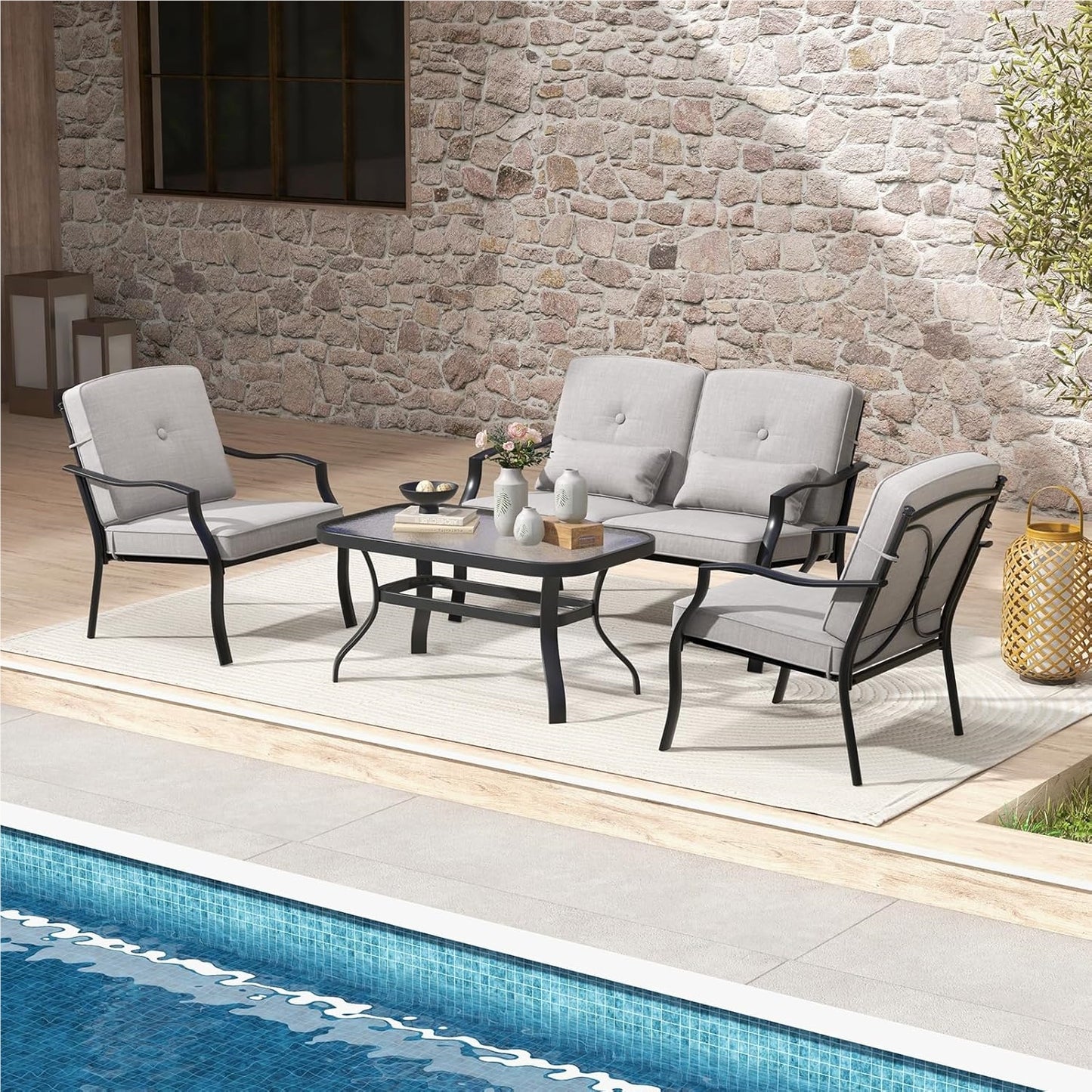 Tuinmeubelset – Loungeset – Tuinbank – Tuinstoelen – Salontafel – Zwart Metalen Frame – Comfortabele Grijze Kussens