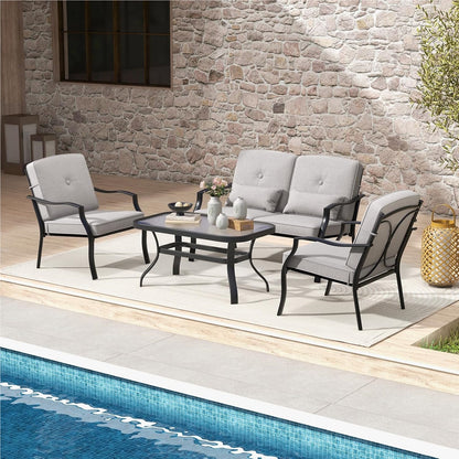 Tuinmeubelset – Loungeset – Tuinbank – Tuinstoelen – Salontafel – Zwart Metalen Frame – Comfortabele Grijze Kussens