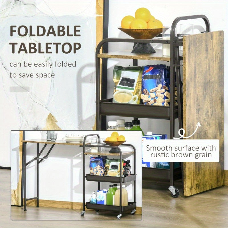 Keukentrolley – Serveerwagen – Keukenwagen – Opbergtrolley – Trolley op Wielen – Opvouwbaar Werkblad – Stabiel Metaal – 2 Ruime Trays