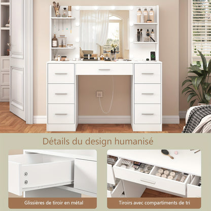 Vanity Dressing Table – Make-up Tafel – Dressing Table Met Spiegel – Make-up Spiegel – Dressing Table – Wit – Grote LED Spiegel – 7 Lades Met Stopcontact