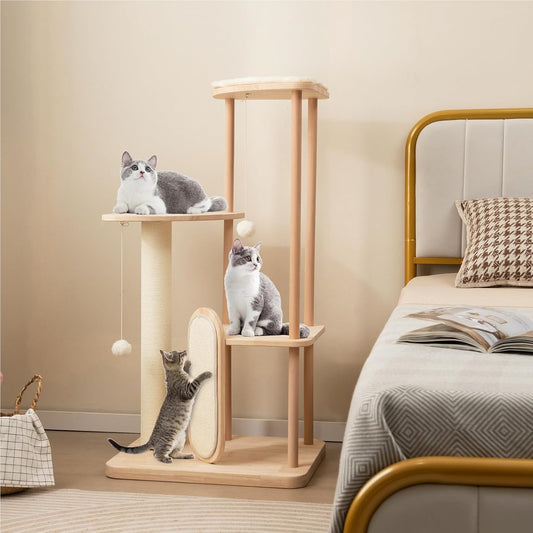 Kattenboom – Krabpaal – Klimmeubel – Kattenmeubel – Kattenkrabpaal – Naturel Houtkleur – Meerdere Speelniveaus – Zacht Gepolsterd Ligbed