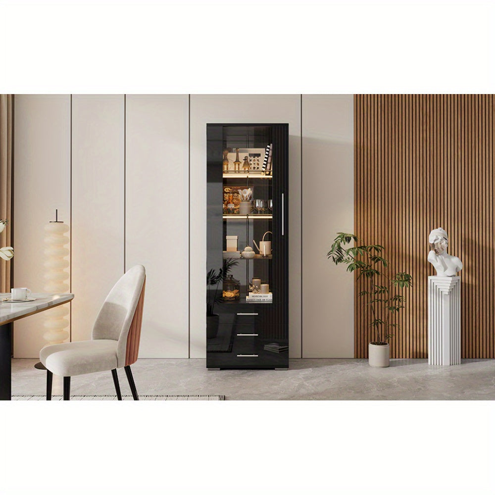 Modern Black Glass Display Case with 3 Drawers - High-Gloss Finish, Freestanding Vertical Storage Organizer for Home Decor, 60x35x180cm, Glass Display Cabinet, Contemporary Furniture, Metallic Frame