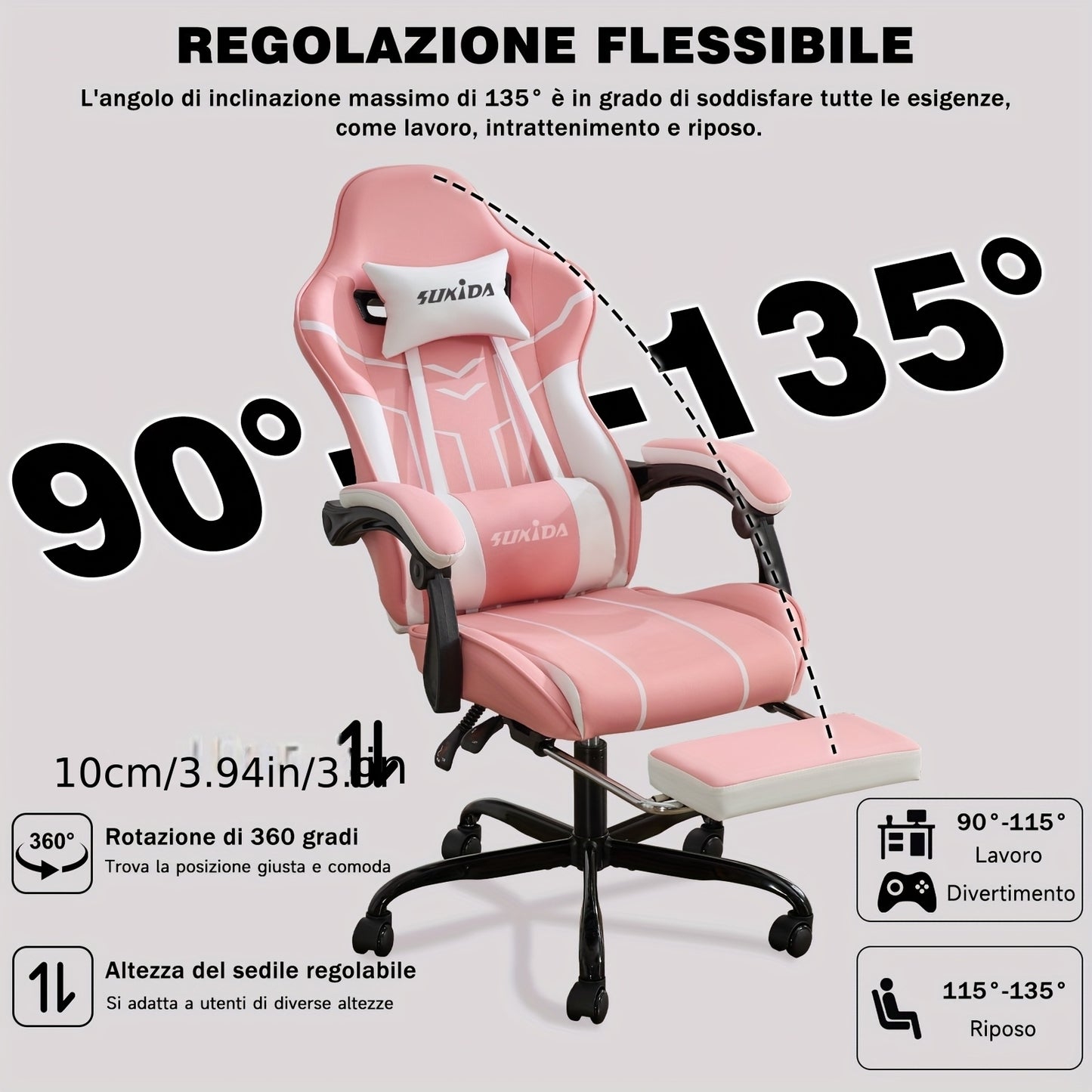 Gamingstoel Ergonomische Stoel – Bureaustoel Gaming Chair – Zithoekstoel – Computerstoel – Met Voetensteun – Verstelbare Zithoogte – Memory Foam Lendensteun – Kunstleer Roze-Wit