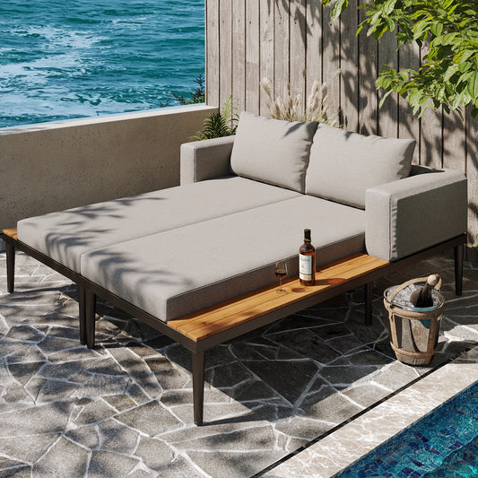Outdoor Daybed – Dubbele Loungebed – Buiten Ligstoel – Multifunctioneel Sofa Bed – Tweepersoons Lounger – Waterbestendig Materiaal – Geïntegreerde Opbergplanken – Grijs