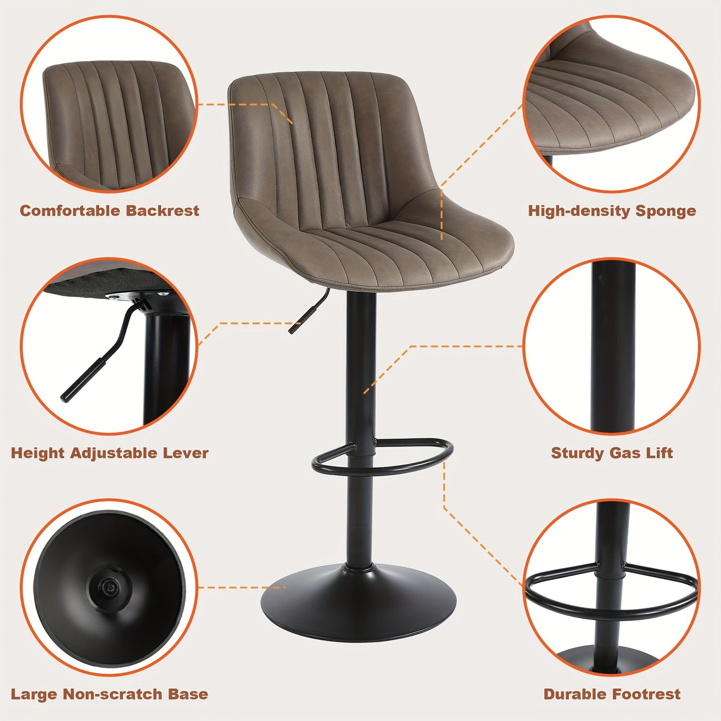 Barkrukken – Barstoelen – Keukenkrukken – Ontbijtbarstoelen – Draaistoelen – Set van 2 – Verstelbare Hoogte – PU-Leren Zitting Bruin