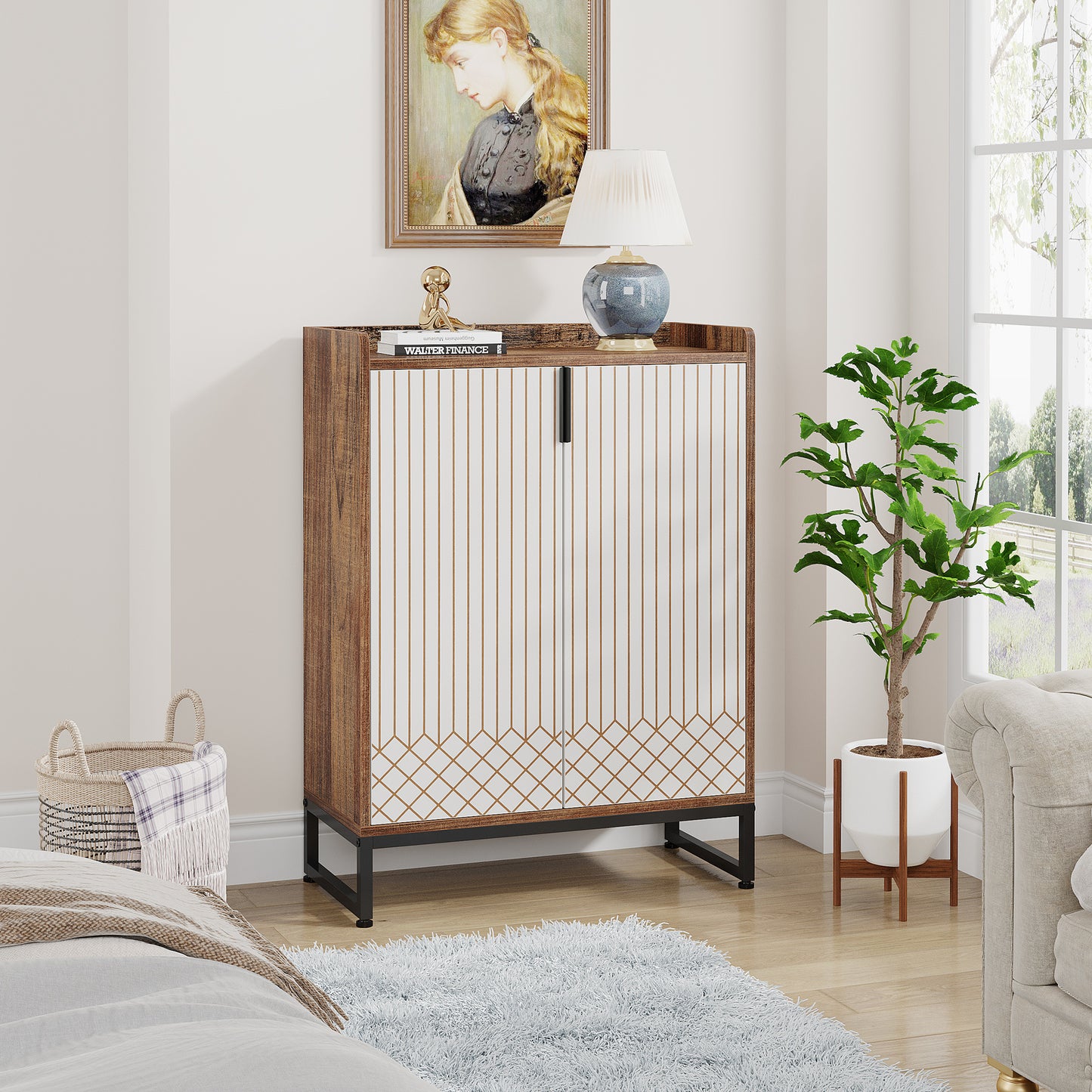 Schoenenkast – Schoenenrek – Schoenopberger – Schoenmeubel – Schoenenschuif – Vrijstaand – Ruimtebesparend – Composiethout Met Zwart Metalen Frame – Vijf Lagen Voor 25 Paar Schoenen