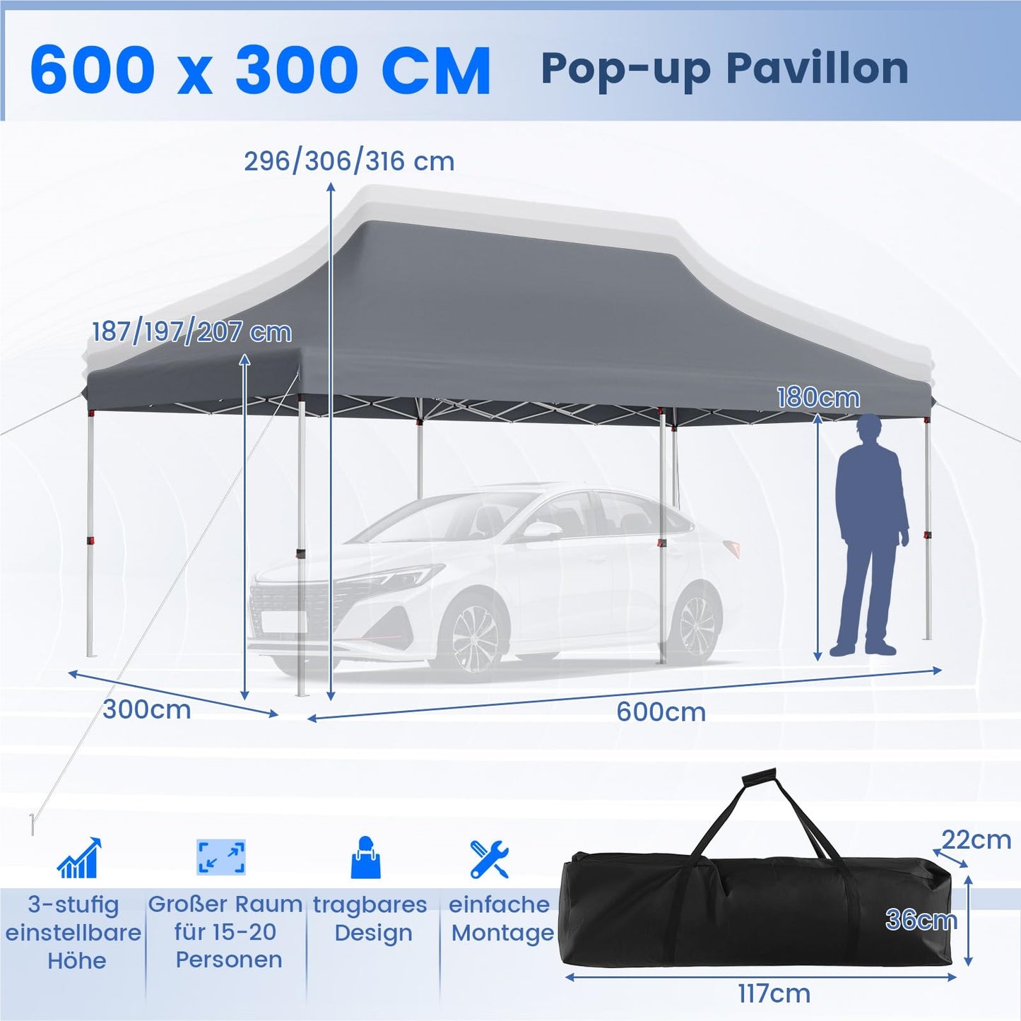 Vouwpaviljoen – Partytent – Tuinpaviljoen – Tent – Overkapping – Waterbestendig – UV Bescherming SPF50+ – Hoogte Verstelbaar – Grijs – 3x6m