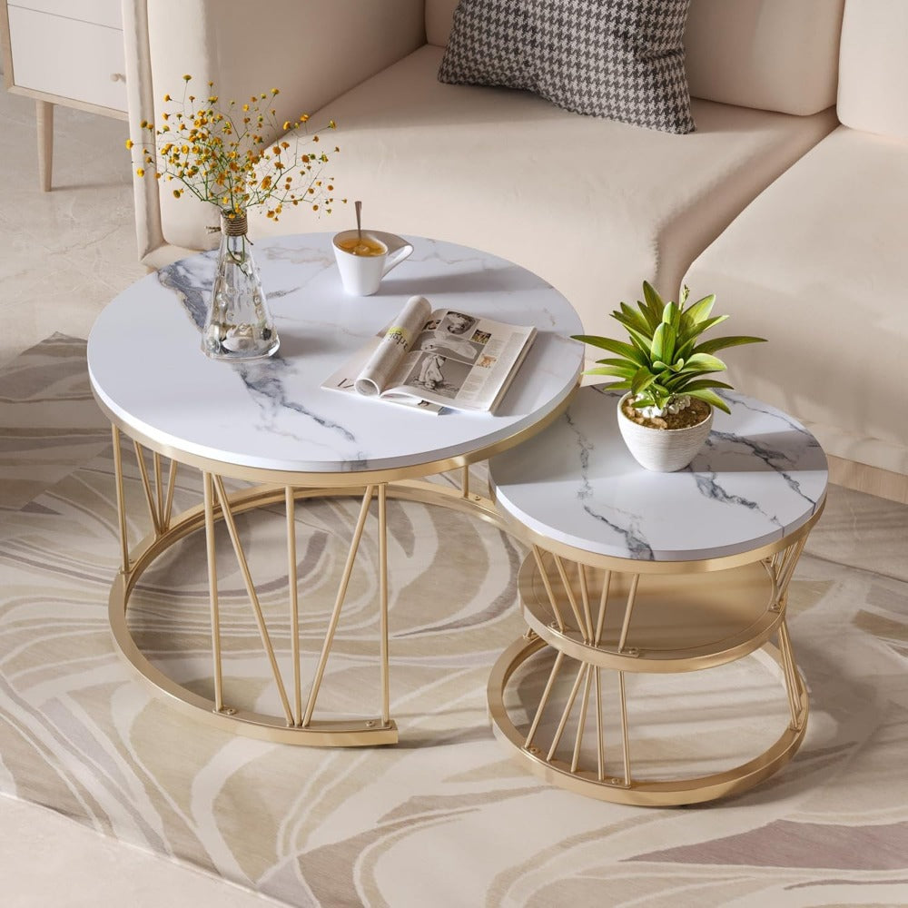 Ronde Koffietafel – Bijzettafel – Salontafel – Tafeltje – Set Van 2 – Gouden Metalen Frame – Wit Marmerlook Tafelblad 70x70x45 cm