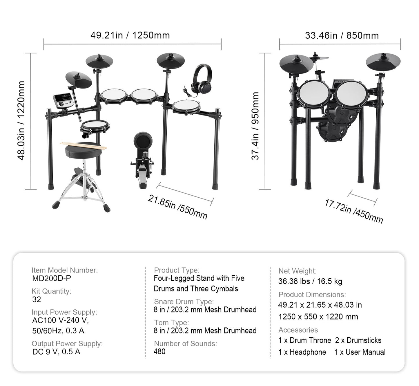 Elektronische Drumstel – Elektrisch Drumstel – Elektronisch Drumset – Digitale Drumkit – E-Drum – 480 Geluiden – 32 Drumkits – Verstelbare Drumkruk – Dual-Trigger Snaredrum
