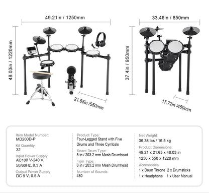 Elektronische Drumstel – Elektrisch Drumstel – Elektronisch Drumset – Digitale Drumkit – E-Drum – 480 Geluiden – 32 Drumkits – Verstelbare Drumkruk – Dual-Trigger Snaredrum